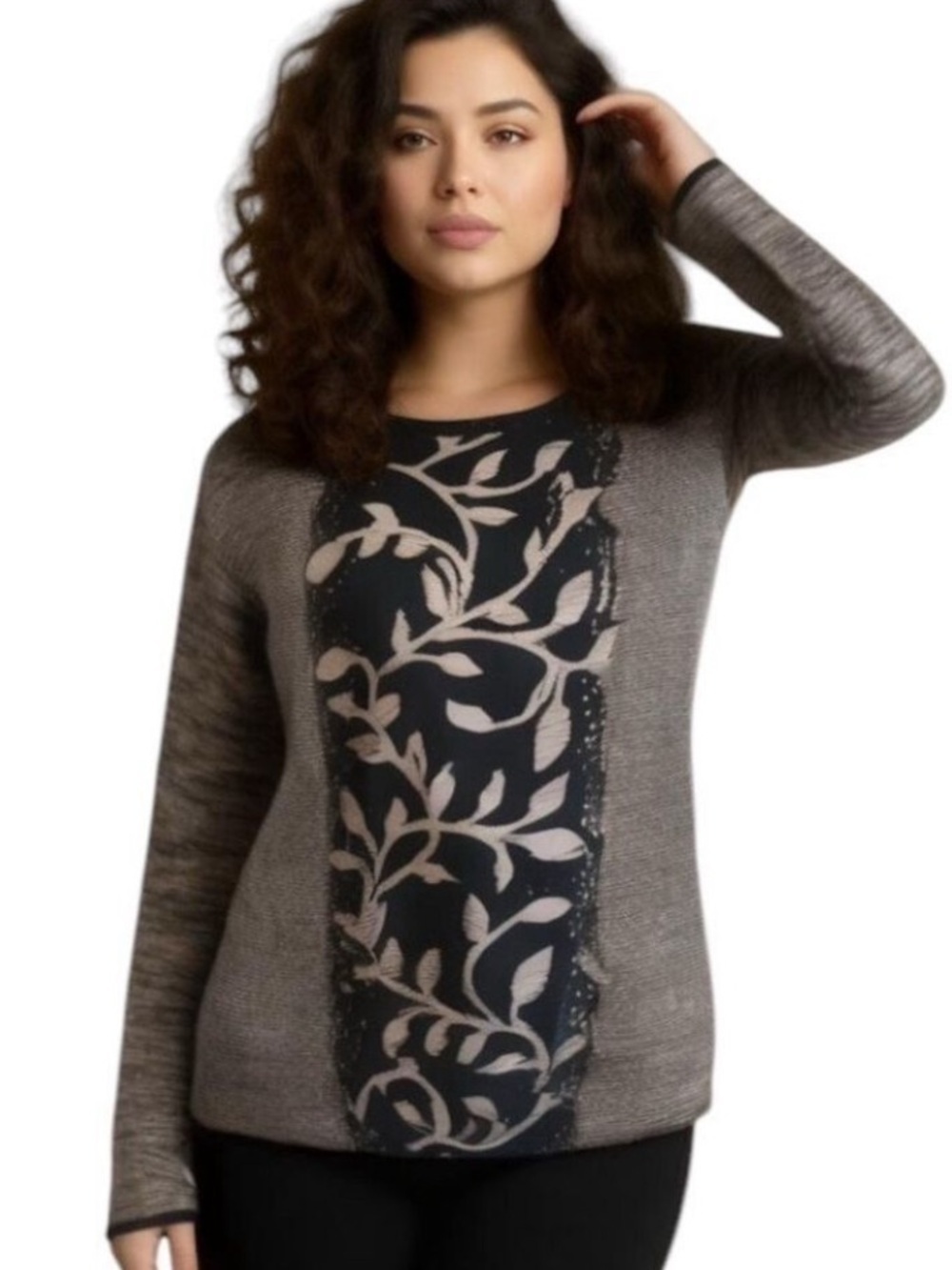 Abito Black with Multi Color Knit Tunic Sweater with Floral Center Desig…